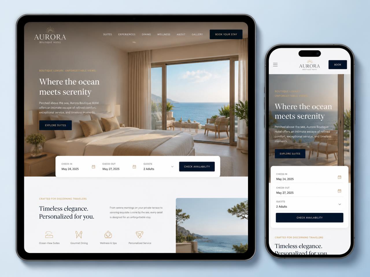 Aurora Boutique Hotel website design shown on tablet & mobile
